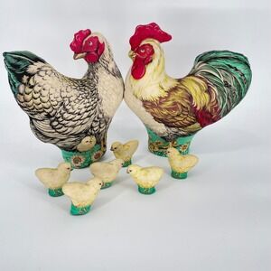 Vintage Rooster Hen Chicks Family Folk Art Fabric Stuffed Set Farm Cottage Decor